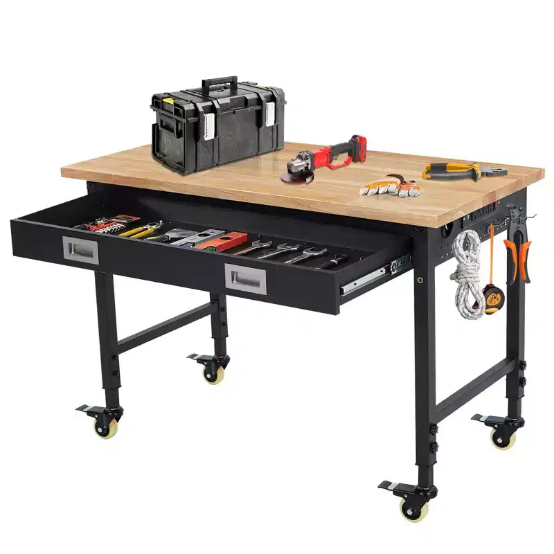 Adjustable Heavy Duty Workbench with Drawers, Pegboard, Backplate & Light Strip  48 Rubber Wood Top, 2000lbs Load, Mobile Table