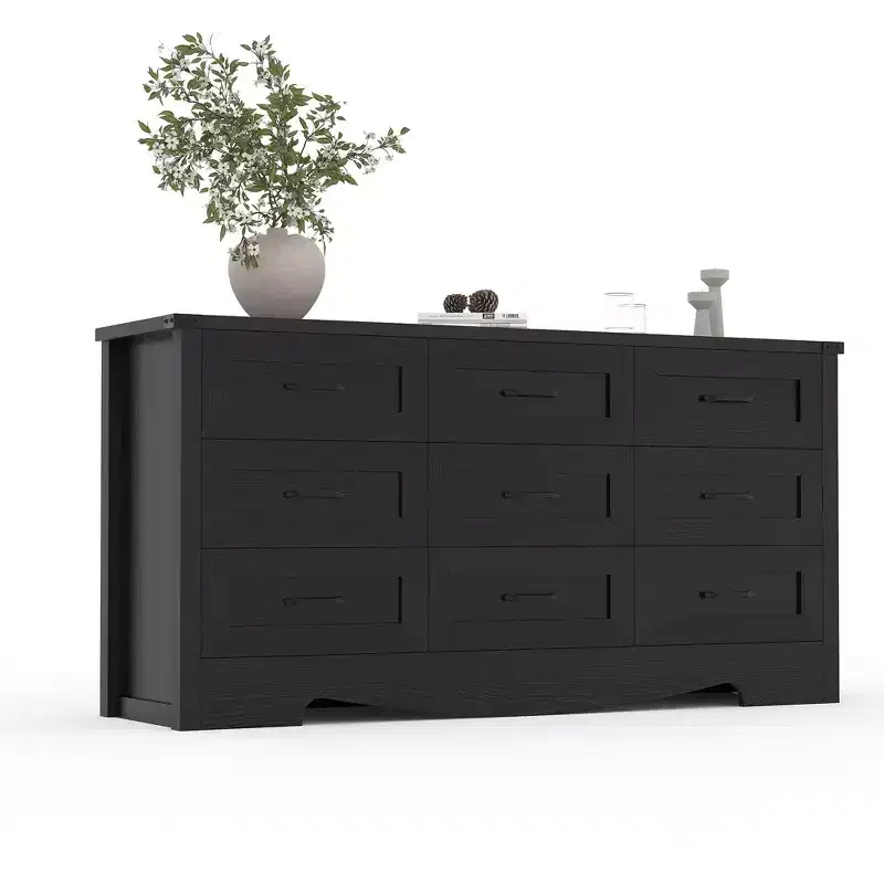 59 9-Drawer Dresser, Farmhouse Chest of Drawers, Mid-Century Storage Cabinet with Anti-Tip Safety for Bedroom Living Room