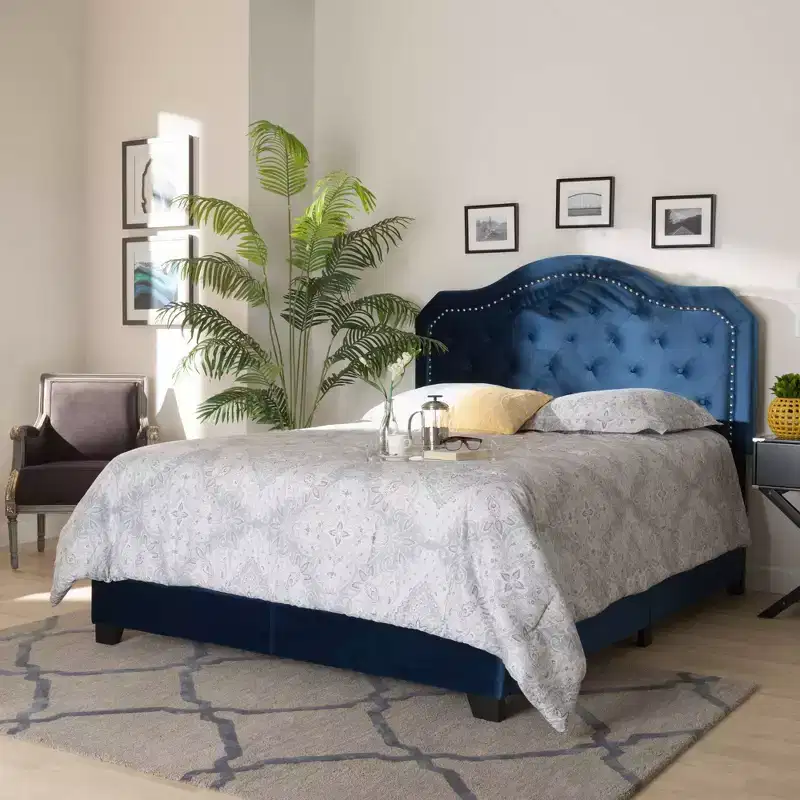 Queen Velvet Button-Tufted Bed – Navy Blue/Black, Silver Nailhead Trim
