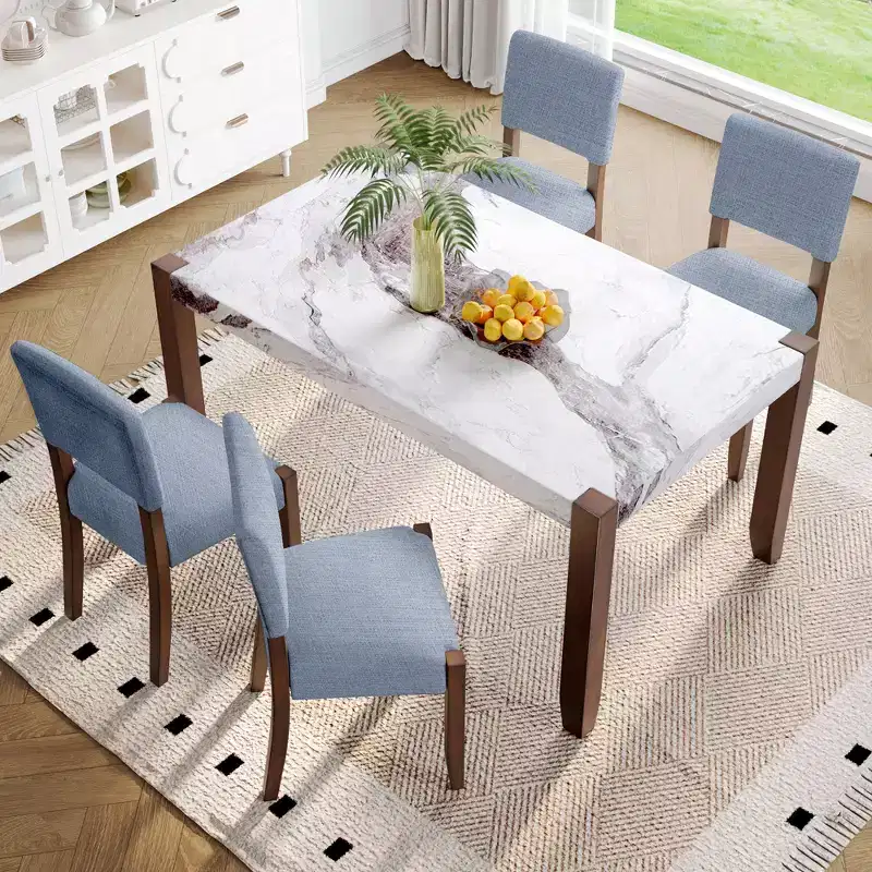 5-Piece Dining Table Set with 46-Inch Faux Marble Table and 4 Upholstered Chairs, Rubberwood Legs, for Dinette