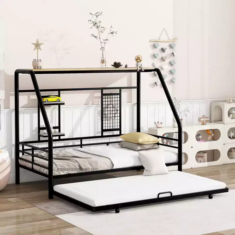 House Daybed with Trundle and Storage Shelf, Heavy Duty Bed Frame for Kids Teens Adults