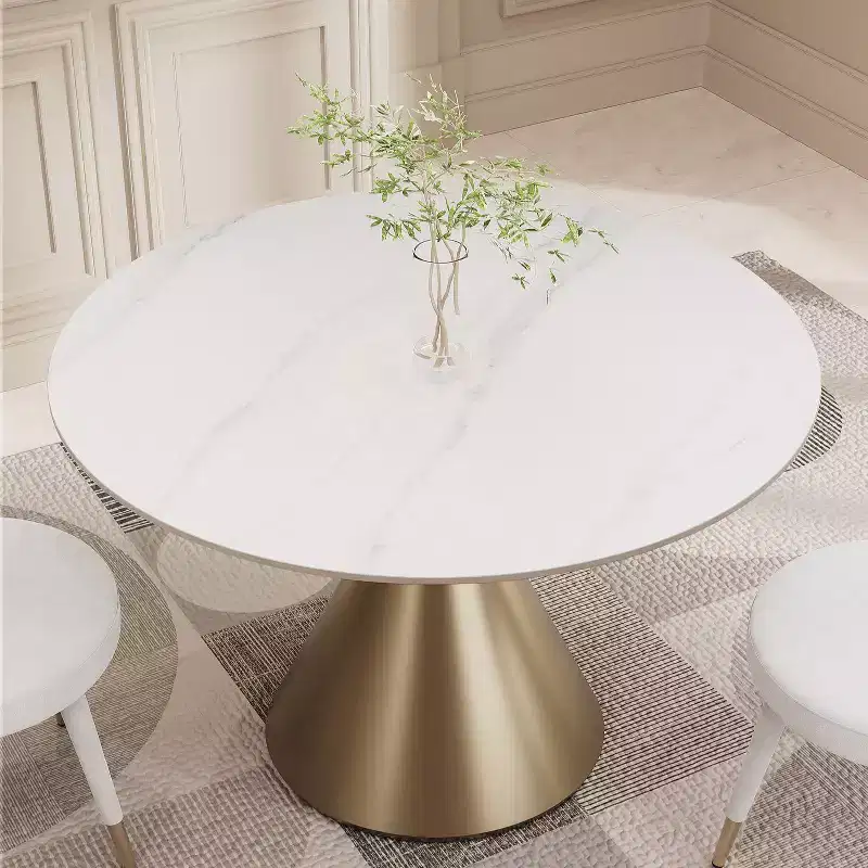Modern Round Dining Table 47'' Circle Faux Marble Top Kitchen Table with Gold Luxury Cone Pedestal for Dining Room, Home Kitchen, Bistro-Morden Fort