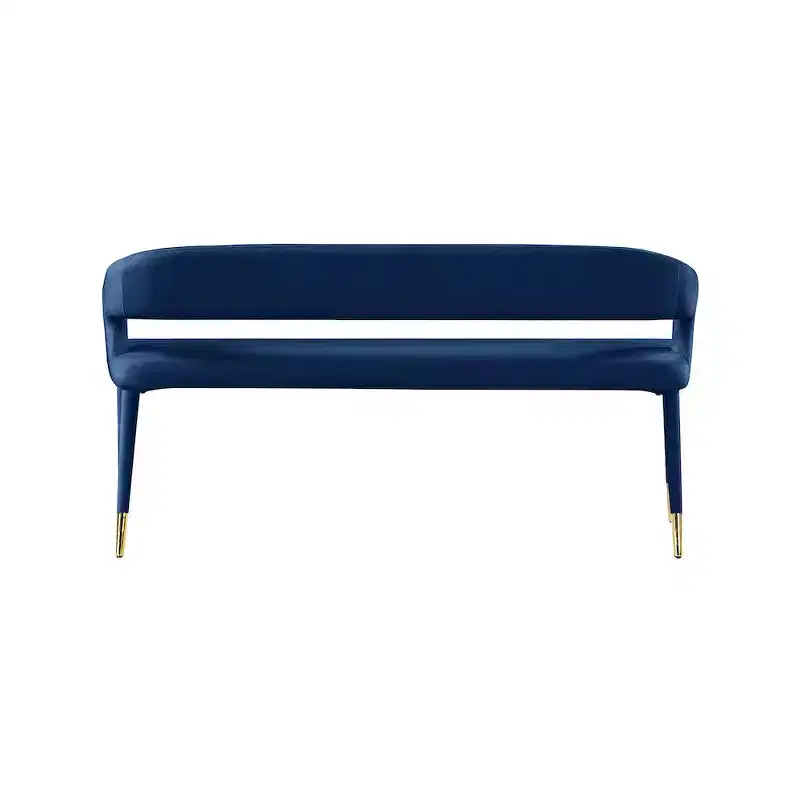 Navy Velvet Upholstered Bench with Gold-Tipped Legs, Contemporary Design
