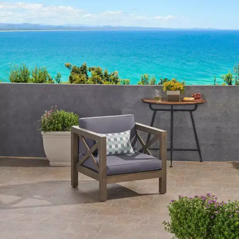 TUYOHW Acacia Wood Club Chair,Mid-Century Modern Patio Accent Chair with Water-Resistant Cushion for Backyard Garden Poolside