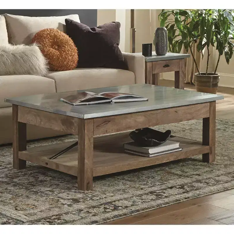 48 in. Coffee Table with Lower Shelf, Modern Industrial Style with Silver Zinc Metal Tabletop and Wood Accents