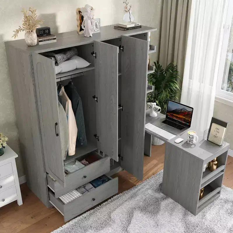 GDFStudio Phyllis Multifunctional Wooden Wardrobe with Convertible Desk