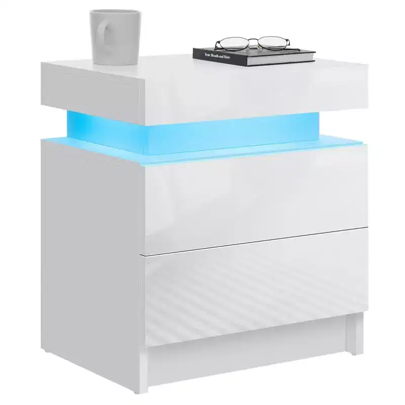 Hommpa Modern LED Nightstand High Gloss Beside Table with 2 Drawers