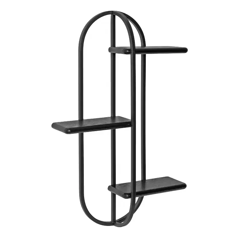 3-Tier Arched Floating Wall Shelf – Black Metal & Wood, 18x5.5x30 in