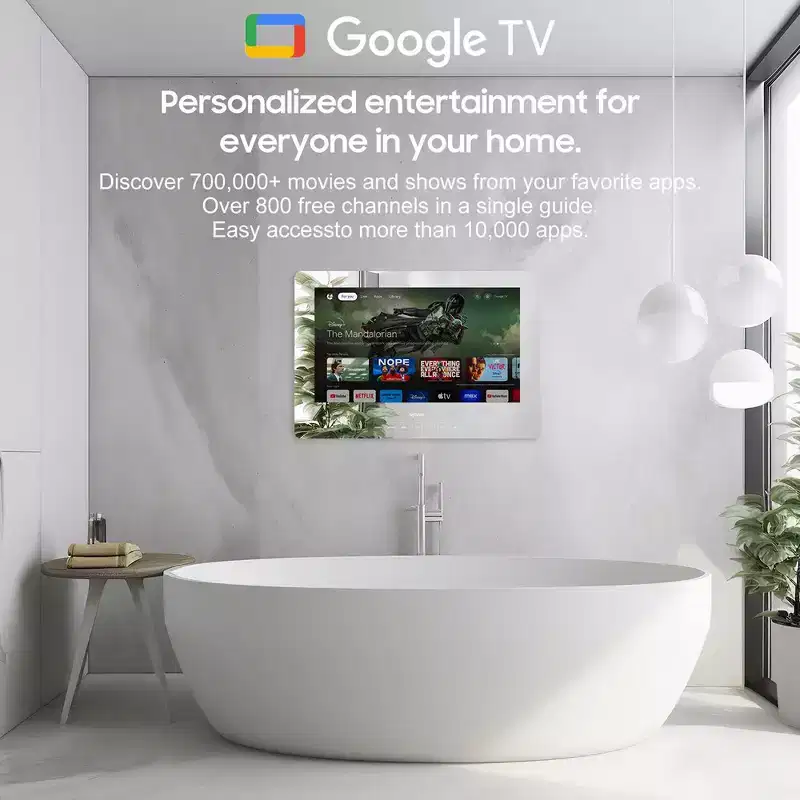 SYLVOX 24 Smart Mirror TV for Bathroom, 1080P Newest Google TV Support Google Assistant, IP65 Waterproof TV for Bathroom Shower & SPA (Wall Mount)