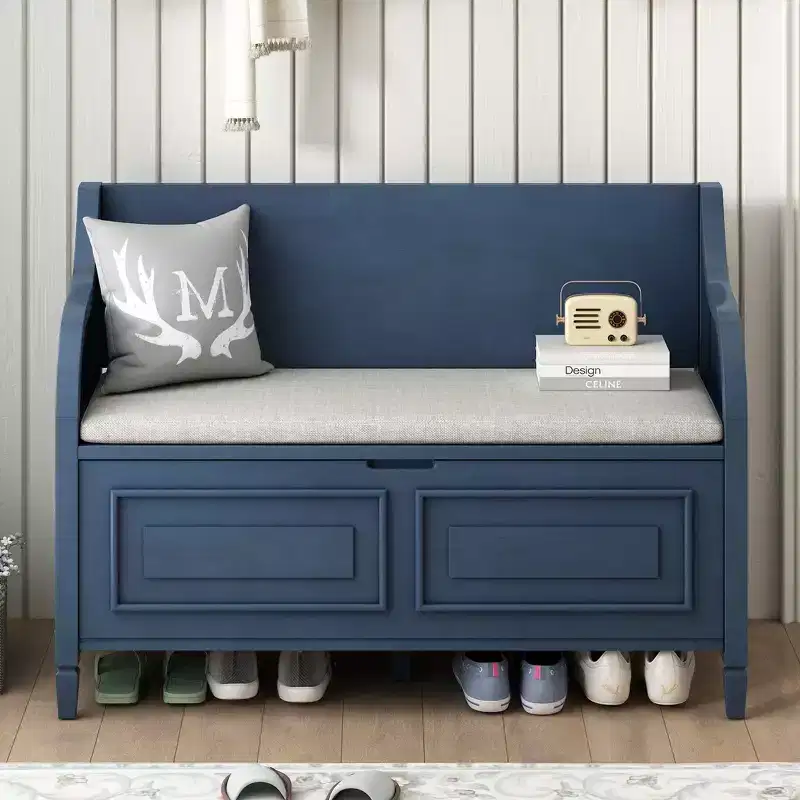 Rustic Storage Bench with Armrest,Farmhouse Entryway Seat with Safety Hinge,Removable Split Cushion,Shoe Bench for Bedroom,Living Room