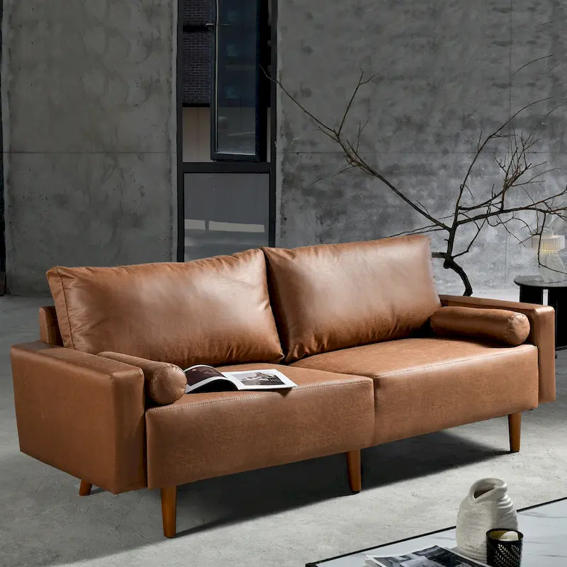 HOOOWOOO Mid-Century Modern Upholstered Sofa Couch with Rolled Pillows