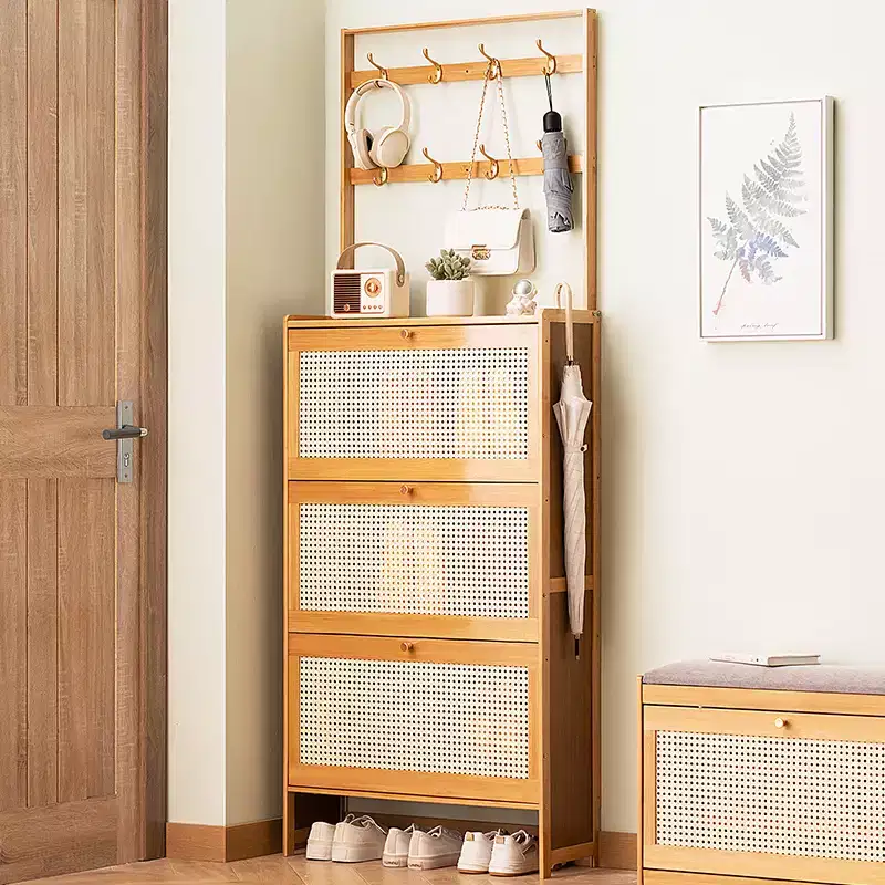 Bamboo Shoe Cabinet with 3 Rattan Flip Drawers and Coat Hooks, Narrow Freestanding Shoe Storage Cabinet