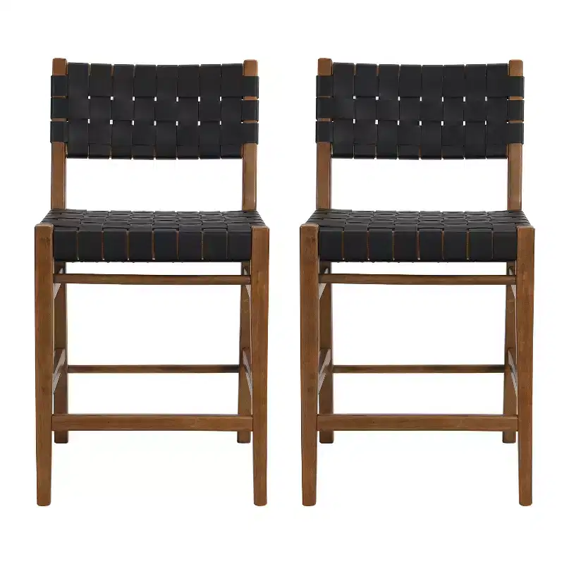 Set of 2 Woven Faux Leather Counter Stools with Footrest, Rubberwood Frame, 24.25