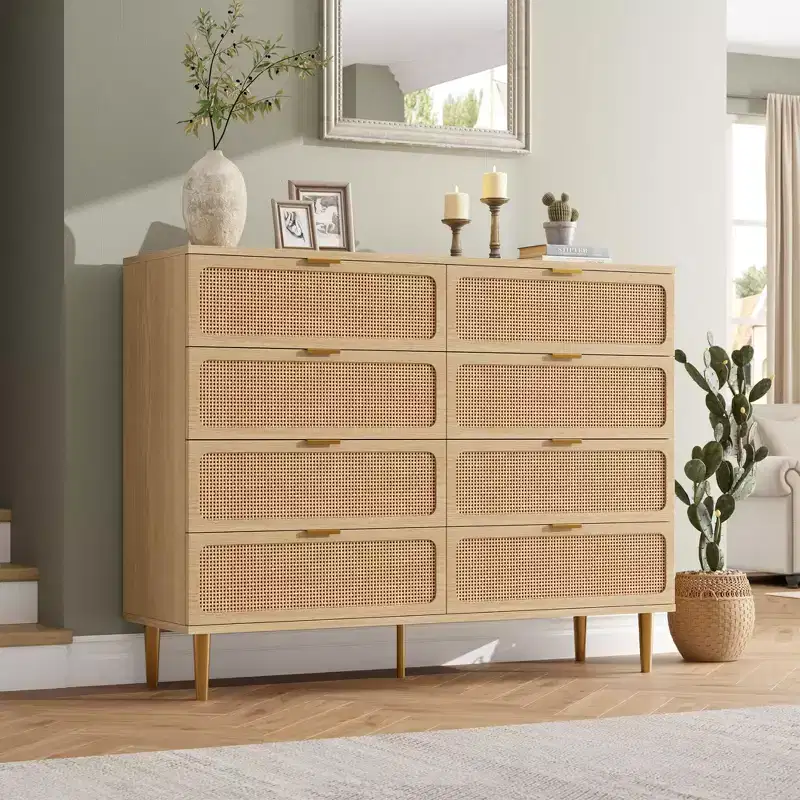 Rattan 8 Drawer Dressers for Bedroom, Tall Dresser with Deep Drawers, Large Chest of Drawers for Closet with Wide Top, Long Wooden Dresser