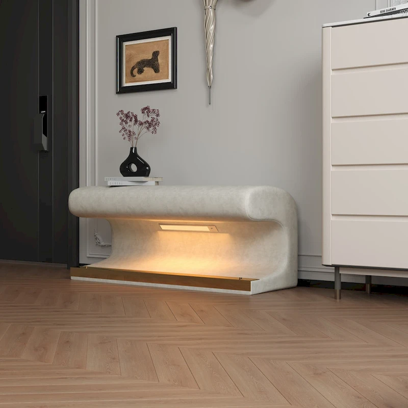 37W Entryway Bench Leather Upholstered Ottoman with LED
