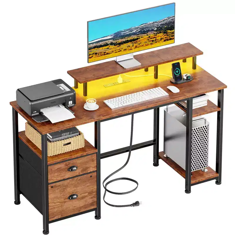 Brown 51 Inches Reversible Home Office Computer Desk with File Cabinet Monitor Stand Storage Shelves Power Outlets LED Gaming Study Workstation Table