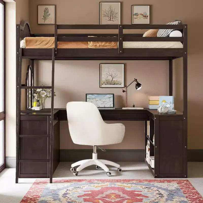 Full Size Wood Loft Bed with Built-In U-Shaped Desk, Vanity Mirror Station & Storage Shelves
