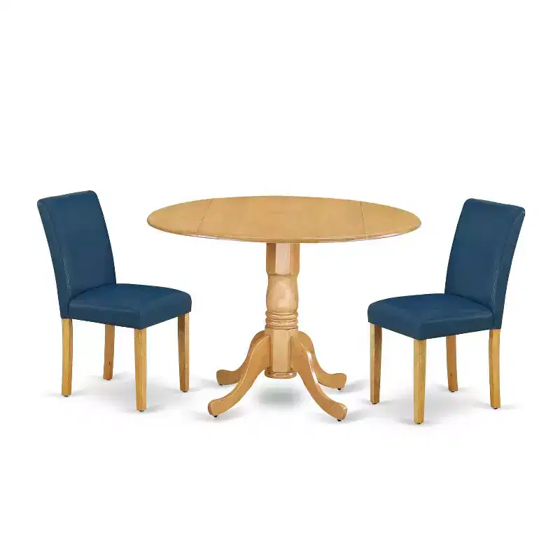 Round Dining Table Set - 42 Table w/ Drop Leaves & 2 Parsons Chairs - Linen White PU Leather