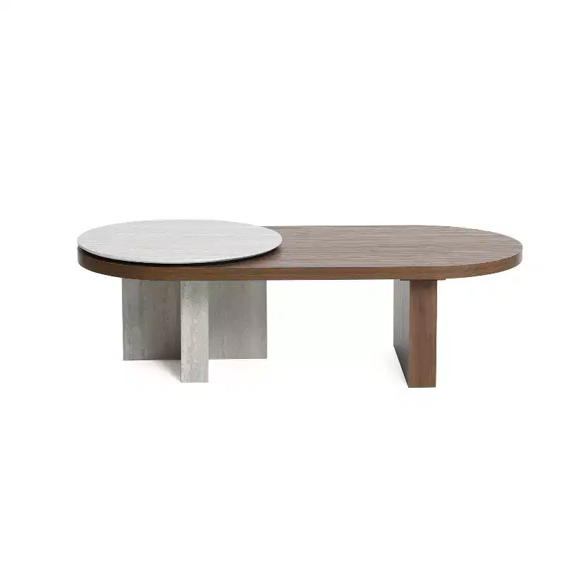 Travertine-Style and Walnut Finish MDF Oval Coffee Table, Brown