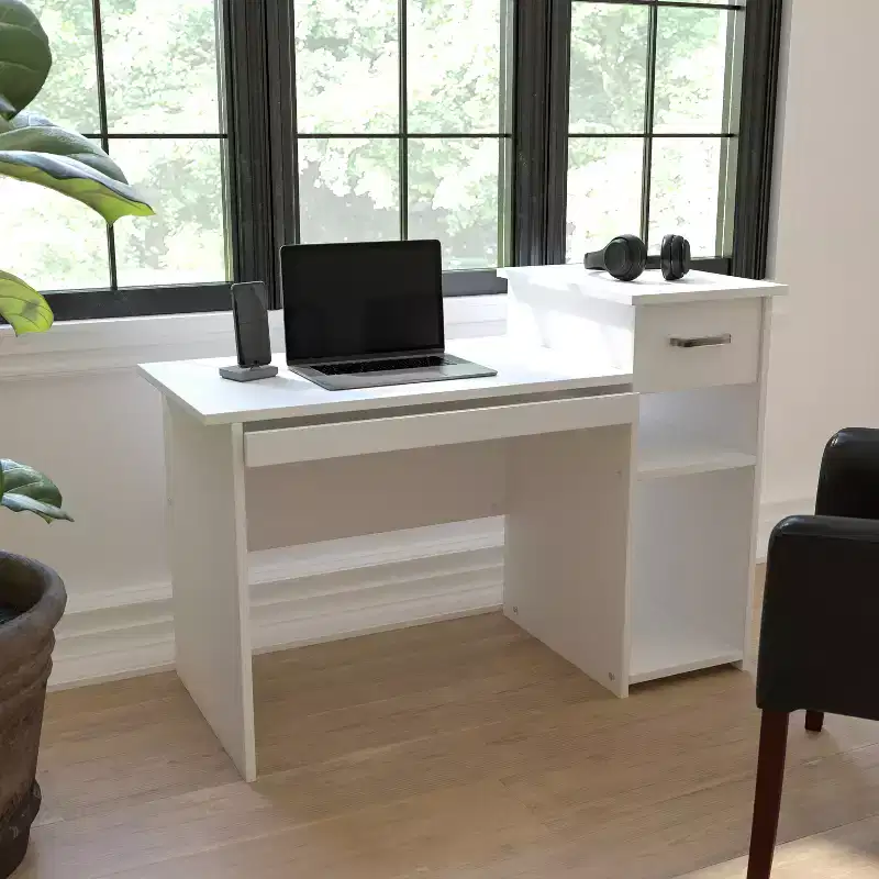 White Computer Desk with Shelves and Drawer