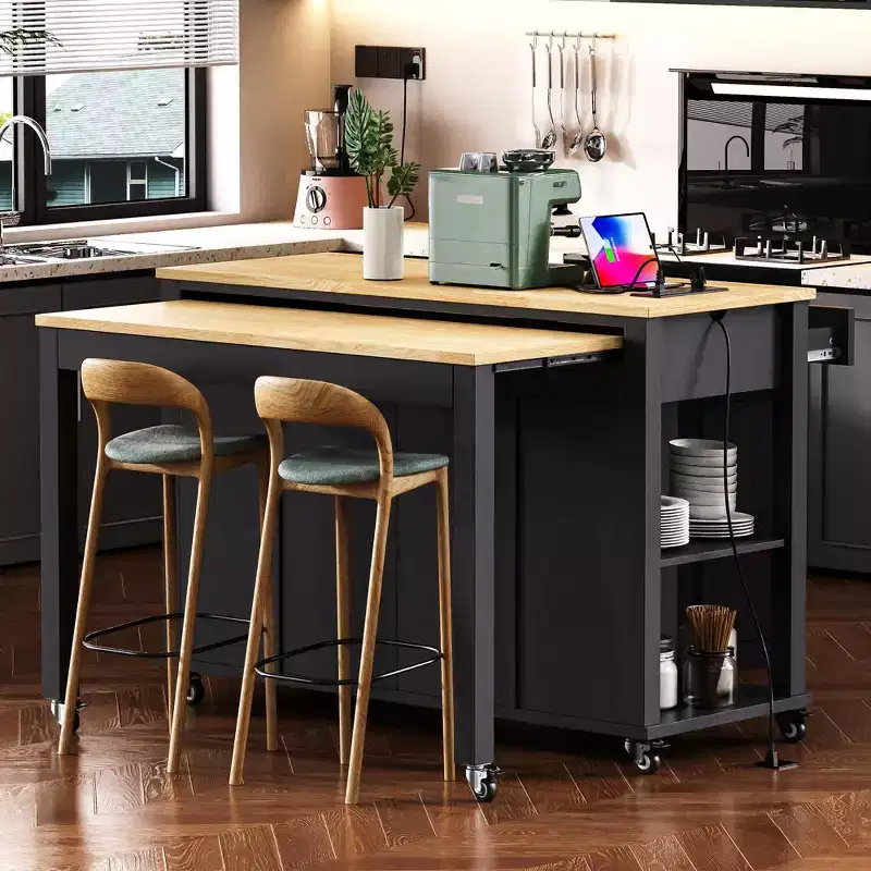 Whisen 47 Kitchen Island with Extendable Dining Table, Rubber Wood Veneer Kitchen Table with Storage Rack and Power Outlet