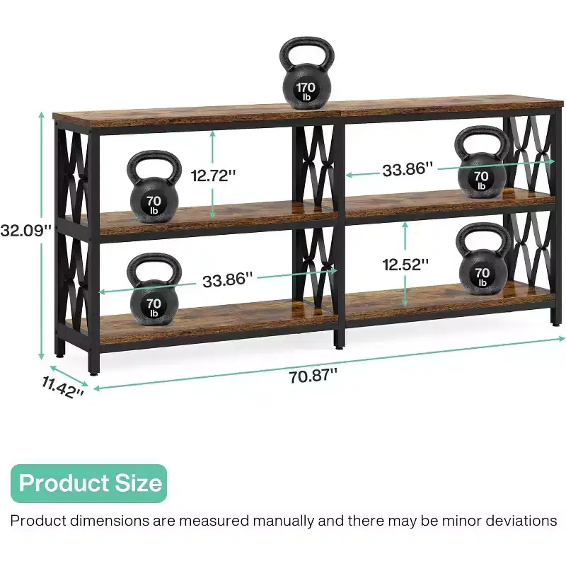 Lantine 70.9-Inch Console Table with Storage, Industrial 3-Tier Sofa Table for Living Room, Entryway Table for Hallway, Rustic Brown & Black
