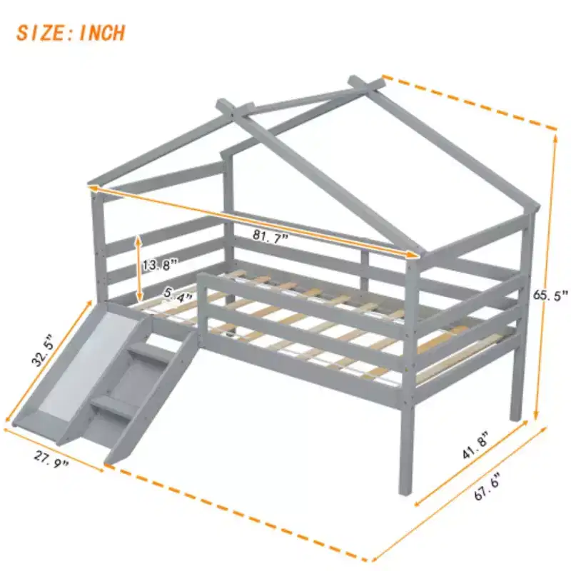 Youth Loft Bed with Slide, Access Ladder, and Guard Rails, Complete with Playhouse-Style Roof