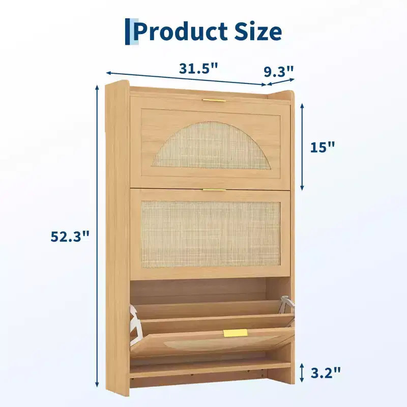 Rattan 3-Flip Drawer Shoe Storage Cabinet  Free Standing Narrow Shoe Organizer with Rattan Doors  Wooden Shoe Rack for Entryway, Hallway, Foyer