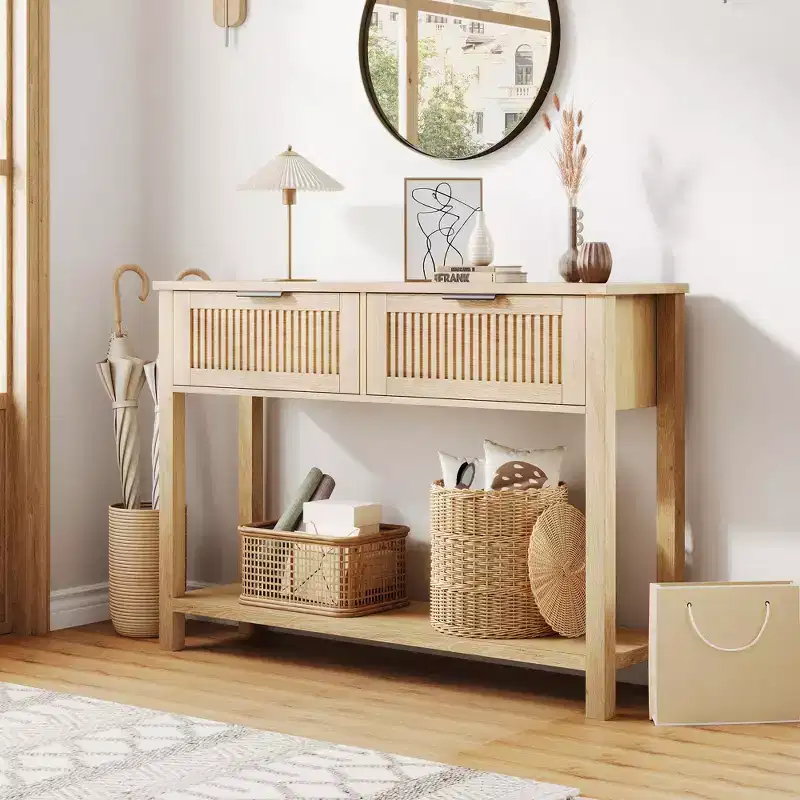 43 Farmhouse Wooden Entryway Console Table  Burlywood 2-Drawer, 2-Tier Sofa Table with Storage for Living Room and Foyer