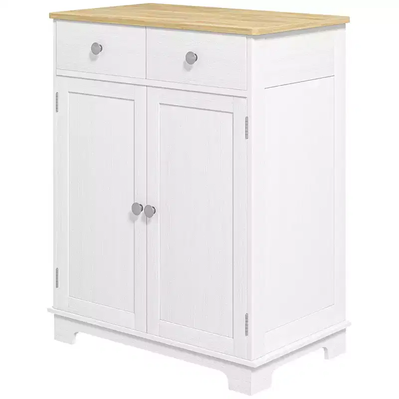 Okak Storage Cabinet with Wood Countertop, Sideboard Cabinet with 2 Doors and 2 Drawers, Bar Cabinet for Living Room, Kitchen, Dining Room, White