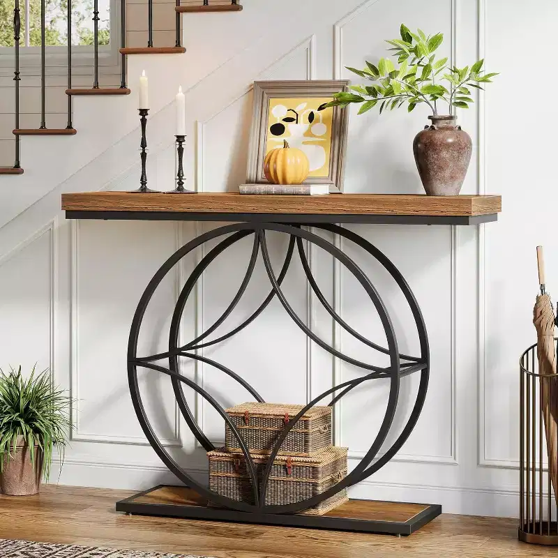Lantine 47-Inch Console Table, Industrial 2-Tier Sofa Table with Geometric Metal Frame for Living Room, Behind Couch, Small Spaces, Rustic Brown