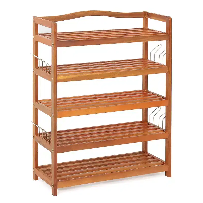 Costway 5-Tier Wood Shoe Rack Solid Acacia Wood Shoe Shelf with Side Metal Hooks