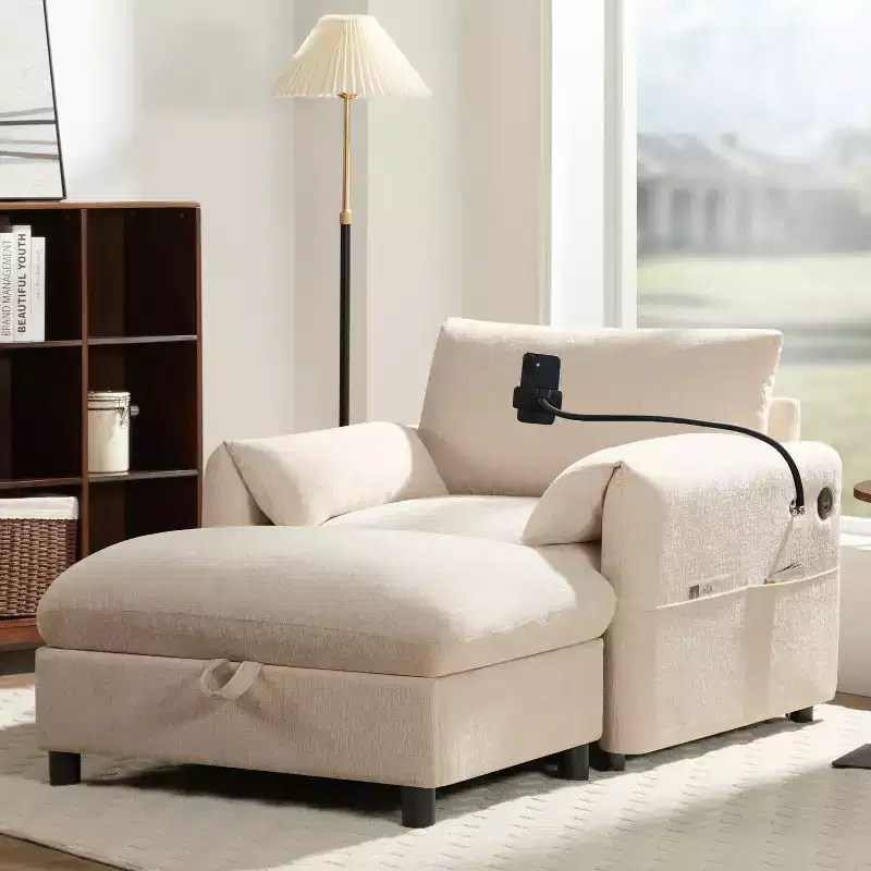 Multifunctional Chenille Single Sofa with Storage Ottoman and Cushioned Armrest Pillows