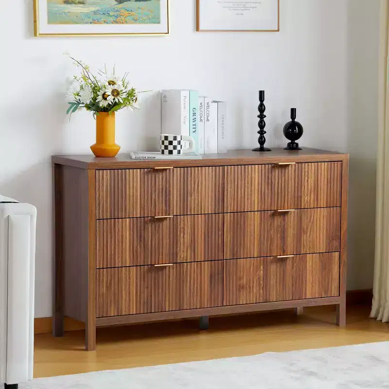 Fluted 6 Drawer Double Dresser ,Wide Closet Dressers Chest of Drawers, Wood Storage Dresser Organizer Oak color