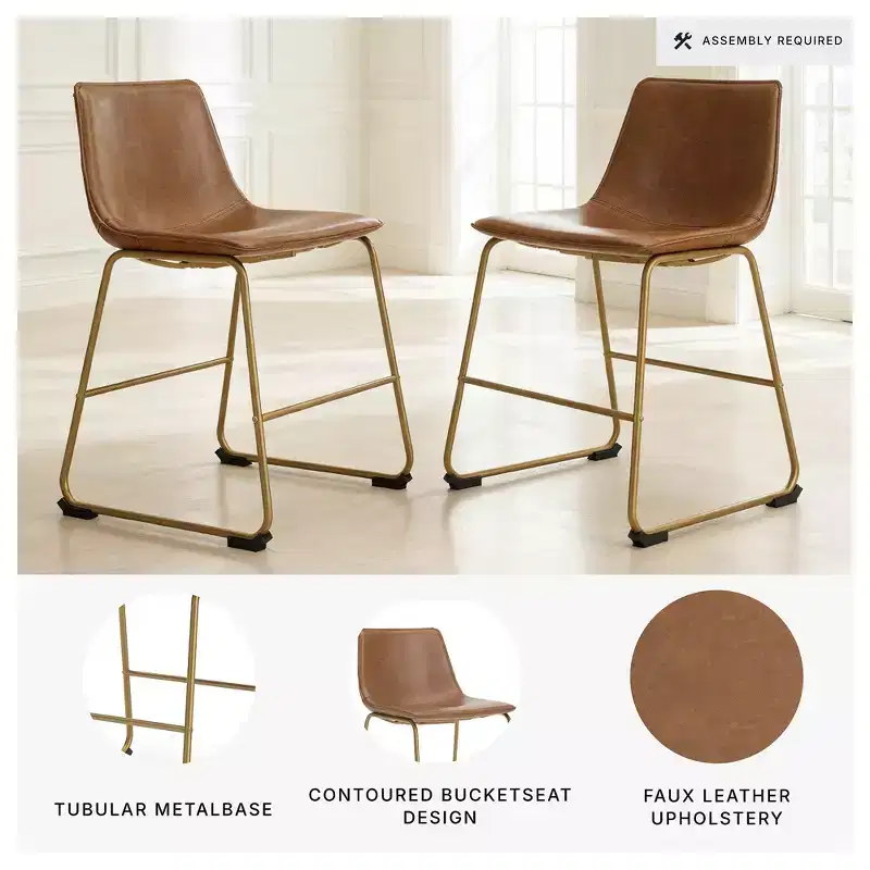 Signature Design by Ashley Lexadine Dining Upholstered Side Chairs, Set of 2, Brown Faux Leather Seats with Gold-Tone Metal Frame