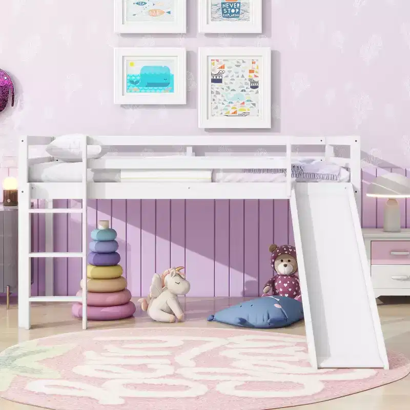 Twin Low Loft Bed with Slide, Ladder & Safety Guardrails, Solid Wood, White