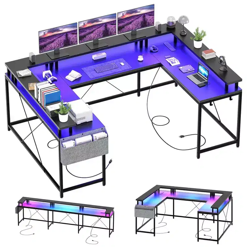U Shaped Computer Gaming Desk, Reversible L Shaped Desk with Power Outlets