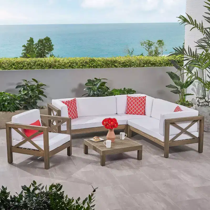 Brava 5pc Acacia Wood Sectional Sofa & Club Chair Set: Weather-Resistant Patio Set - Christopher Knight Home