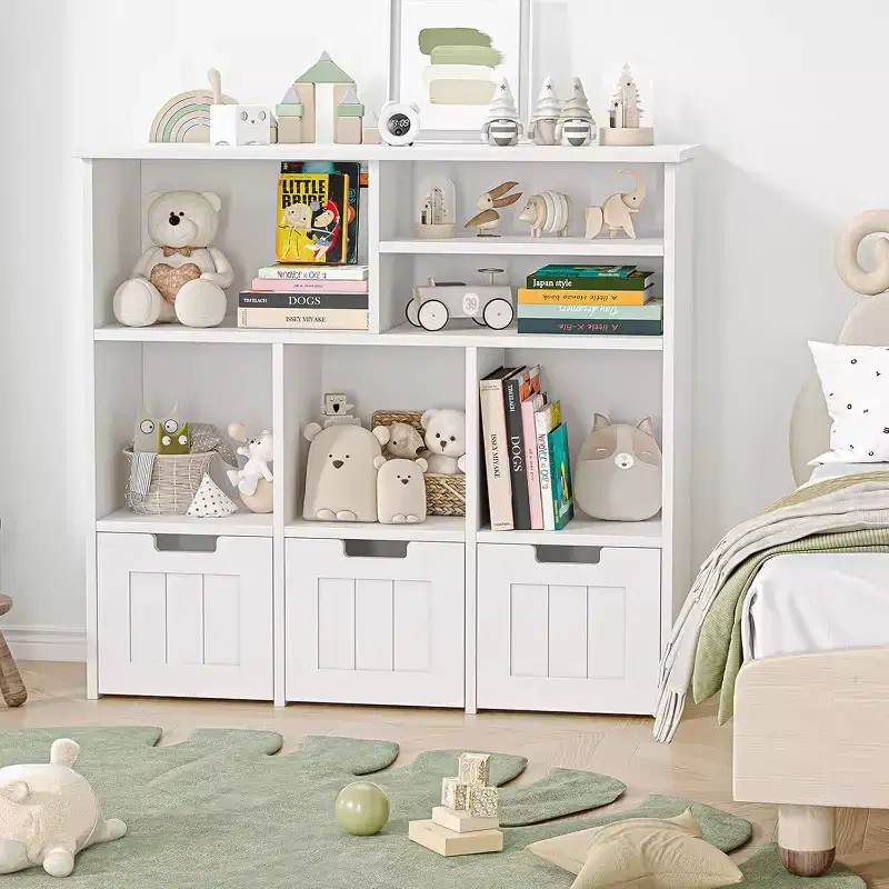 Kids Bookcase Toy Storage Cabinet, Organizer with 3 Movable Drawers & Hidden Wheels, 6 Compartments for Bedroom, Playroom, Nursery, White