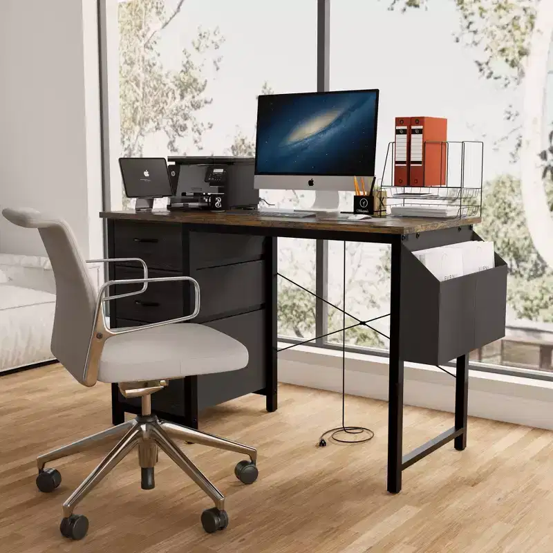 Okak 47.3IN Modern Computer Desk with 3 Drawers, Office Desk with Side Pocket, Gaming Desk for Living Room, Reading Room, Office
