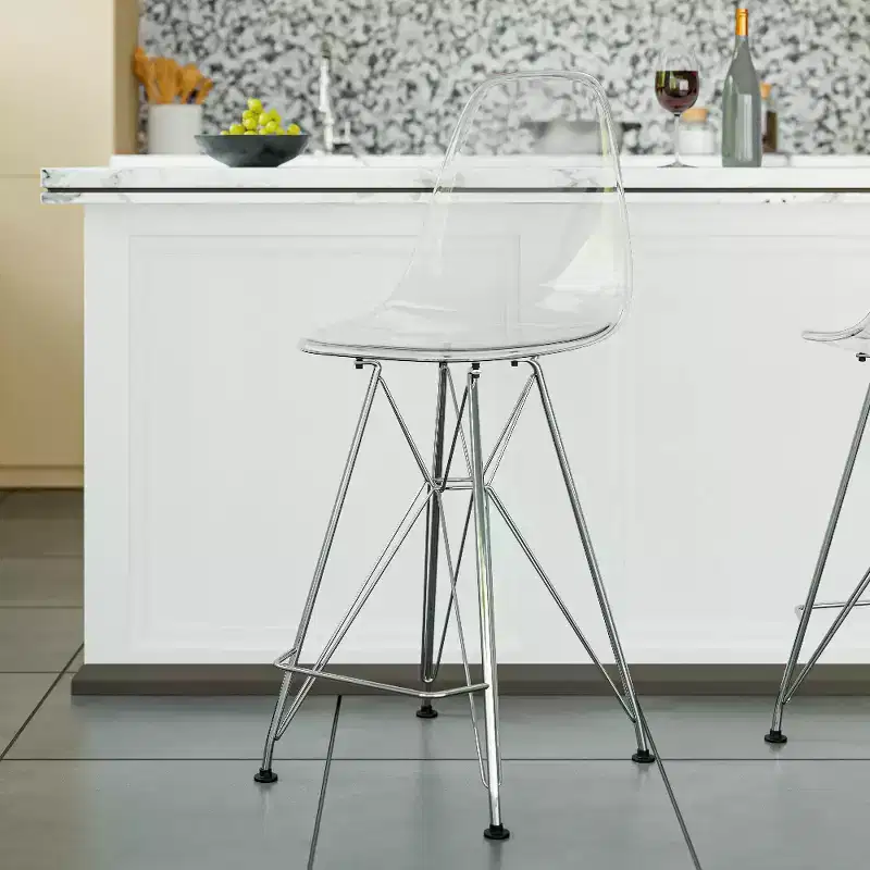 LeisureMod Cresco Modern Acrylic Barstool  Lightweight Steel Frame and Footrest Counter Stool for Kitchen Island, Home Bar, or Dining Area Set of 2
