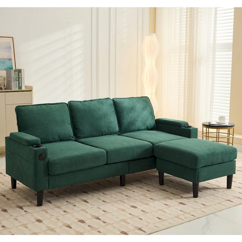 L-Shaped Fabric Sectional Sofa with Storage Ottoman and USB Port