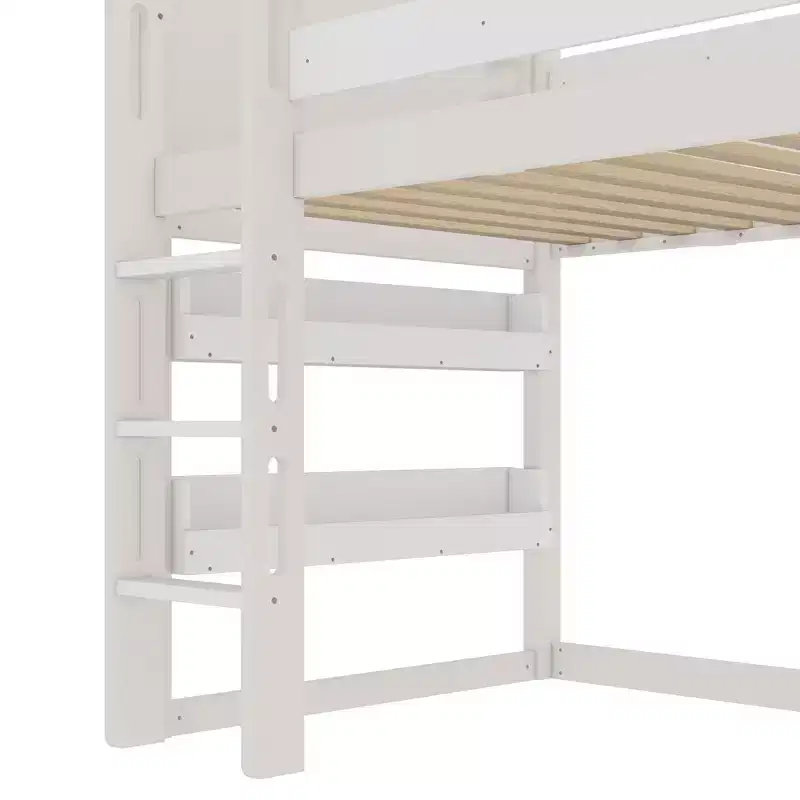Kids House Loft Bed with Slide, Bookshelf & Full-Length Safety Rails - Twin, Solid Wood, Beige