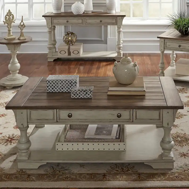 Morgan Creek Antique White Wire Brushed Tobacco Accents Cocktail Table
