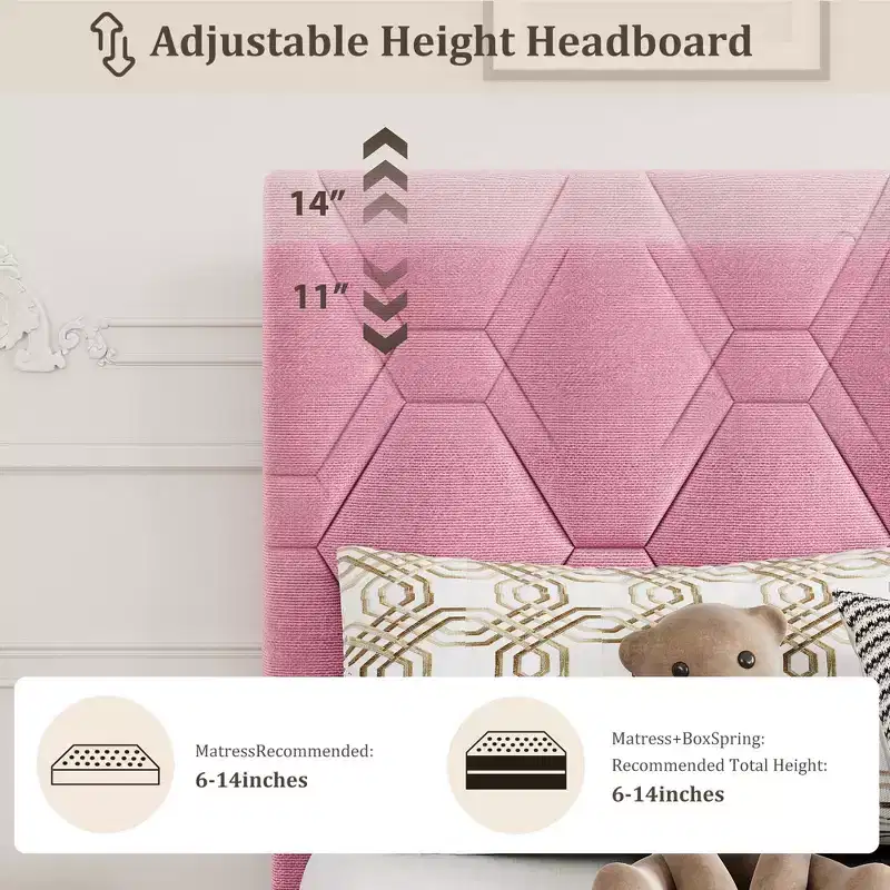 Bed Frame with Upholstered Headboard ,No Box Spring Needed, Noise Free, Easy Assembly, Pink