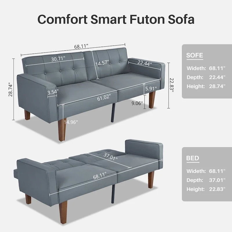 Convertible Sofa Bed Adjustable Fabric Couch Sleeper Modern Recliner Reversible Loveseat Folding Daybed Guest Bed with 2 Pillows