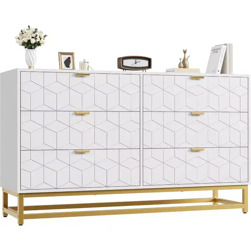 DobleePy White 6-Drawer Dresser with Gold Metal Legs, 53.5 Wide Large Storage Chest for Bedroom, Living Room, Entryway