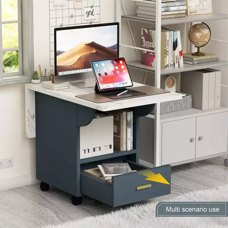 Multi-Functional Folding Table with Marble Texture, Rolling Kitchen Island Cart with Storage Drawer & Shelf, Mobile Computer Desk for Small Space