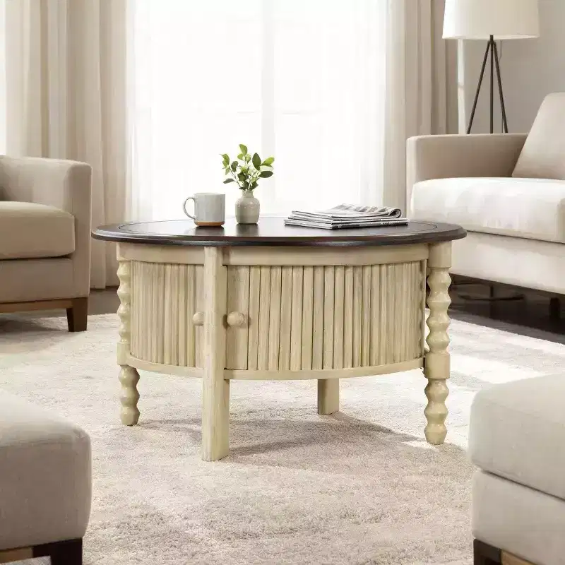 Round Wood Coffee Table with Sliding Door Storage & Solid Legs