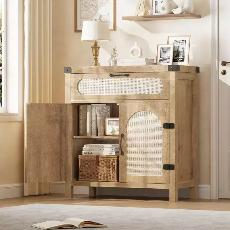 Garvee Rattan Sideboard Buffet Cabinets with Storage, Farmhouse Kitchen Accent Storage Cabinet with Drawer for Dining Room, Living Room, Hallway
